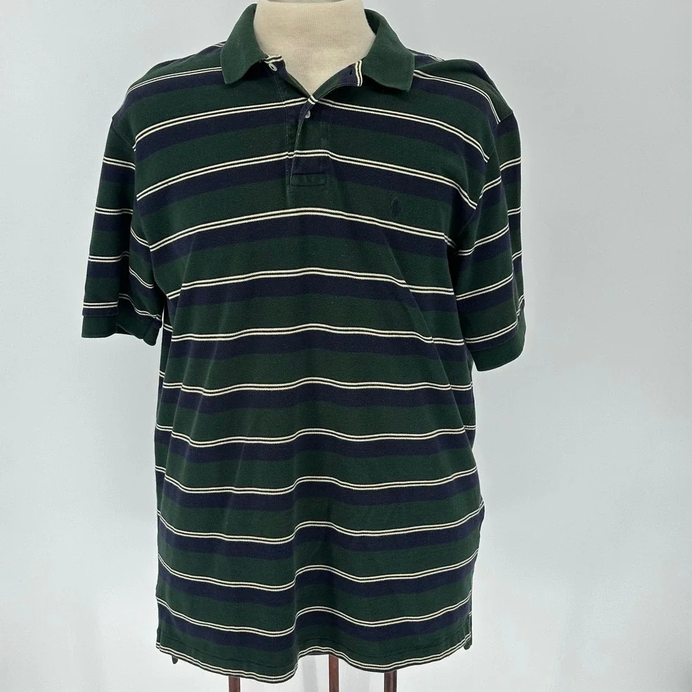 Polo Ralph Lauren XL Striped Short Sleeve Polo Shirt Green Navy Y2K Preppy Rugbt